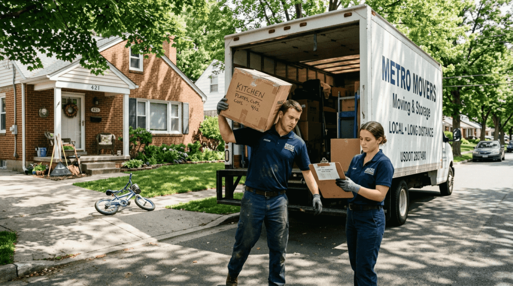 Movers unloading truck in suburban driveway
