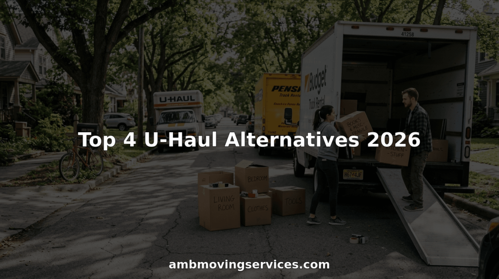 Couple loading boxes into moving truck outdoors