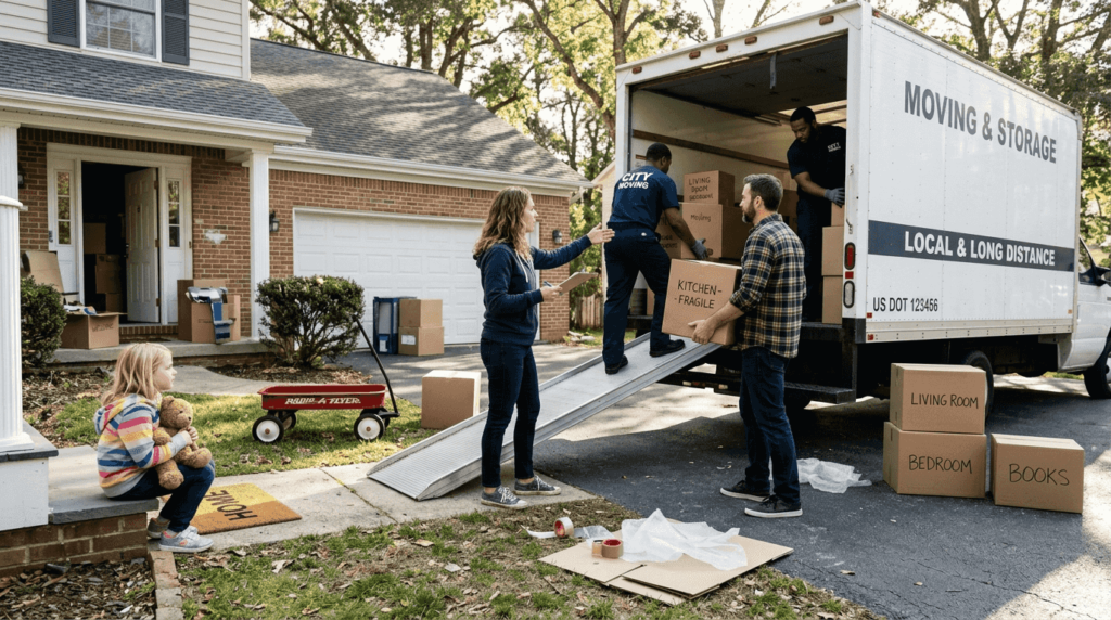 Family and movers loading boxes for relocation