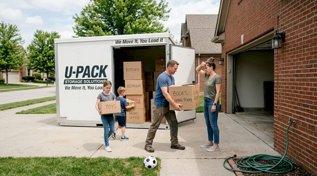 Family loading boxes into portable storage container