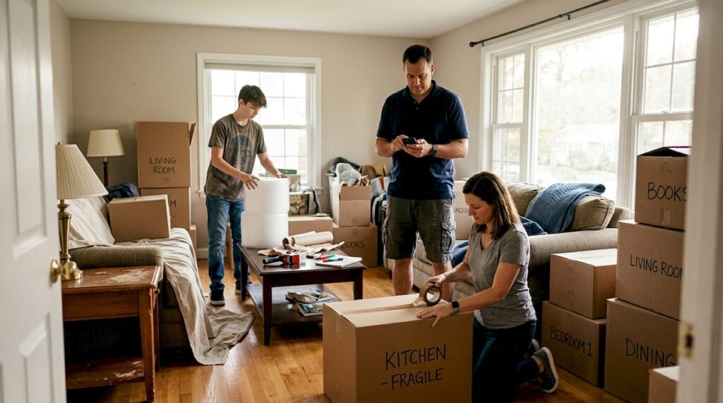 Family sorting boxes during move prep