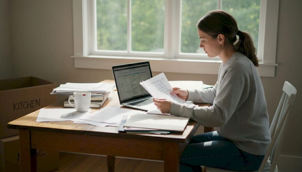 Woman planning interstate move at kitchen table