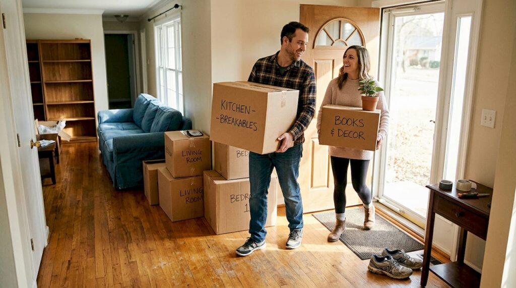 Couple carrying boxes in lived-in entryway