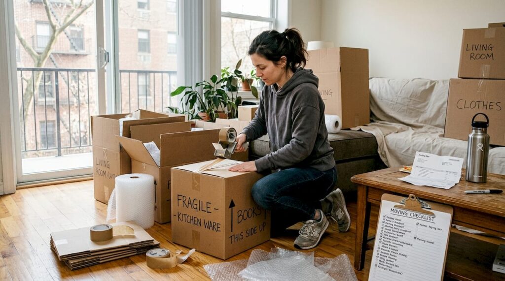 Woman packing boxes preparing for move