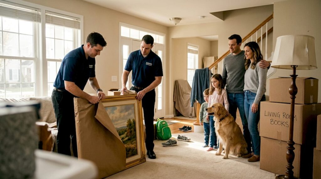 Family and movers preparing for interstate move