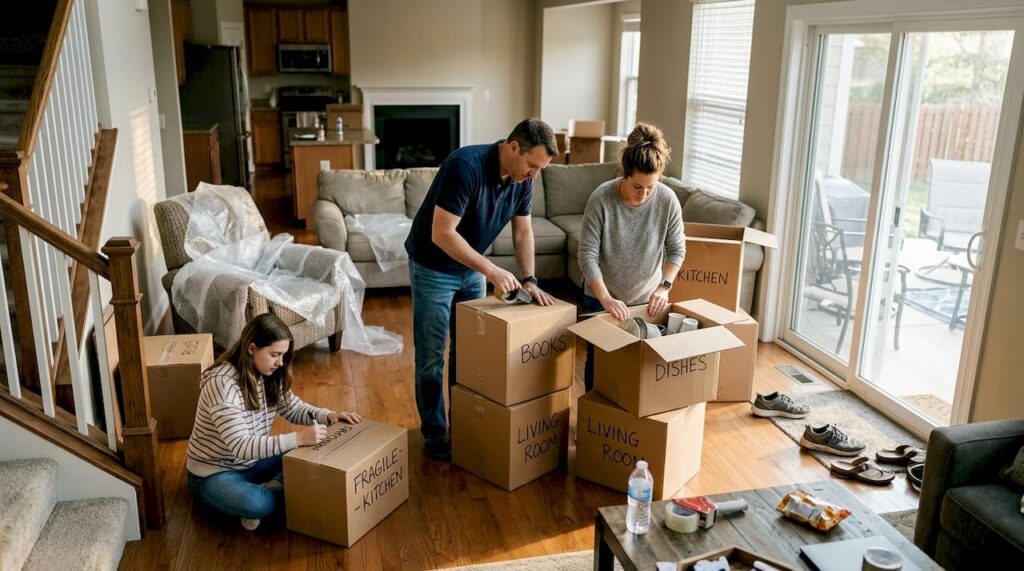 Family packing living room for move