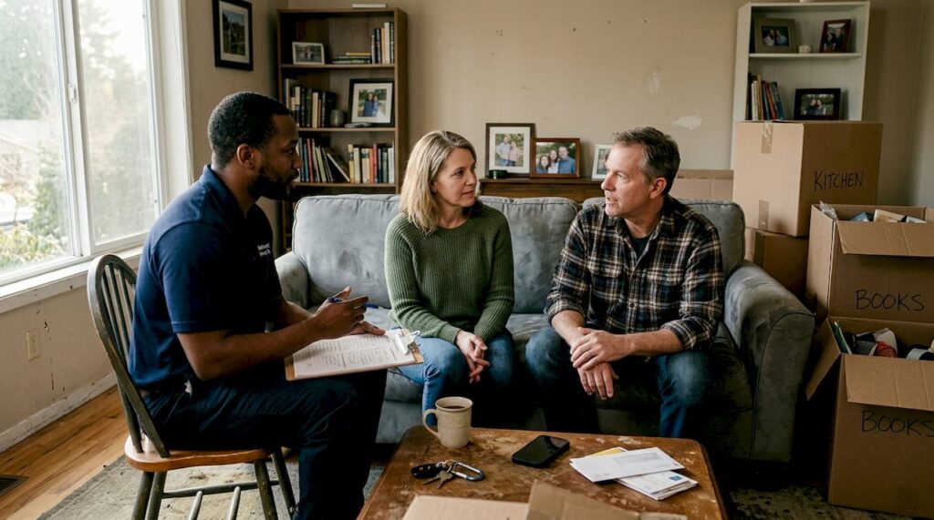 Couple consulting mover in home living room