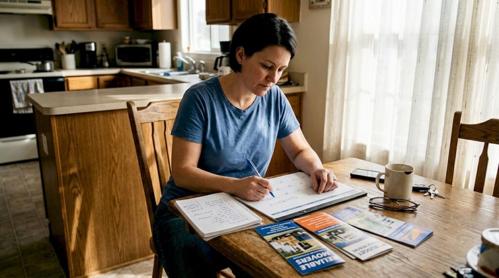 Woman planning long distance move at kitchen table