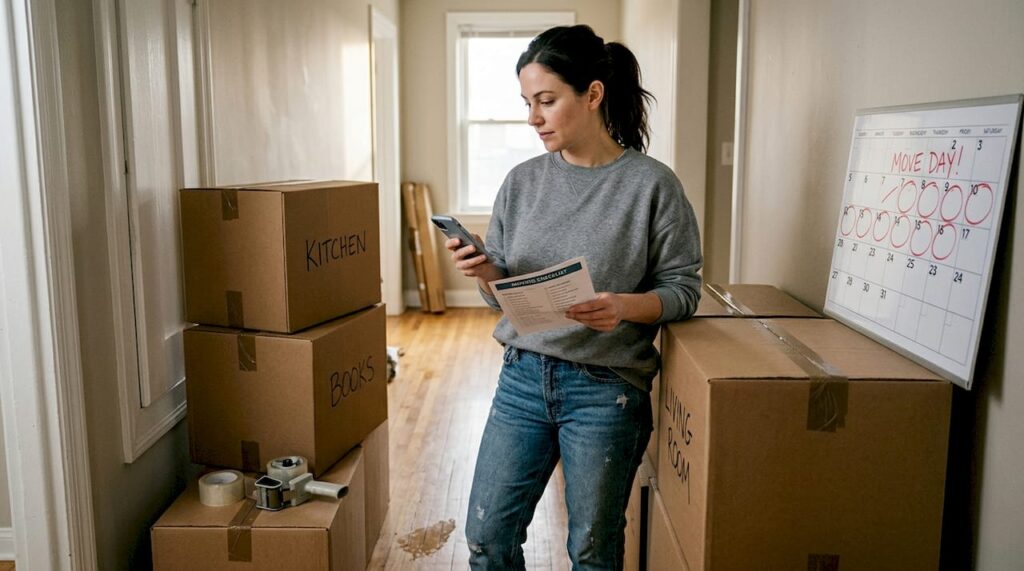 Person planning interstate move with storage boxes