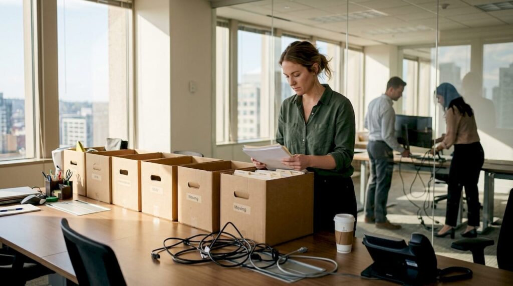 Office team packing up workspace for move