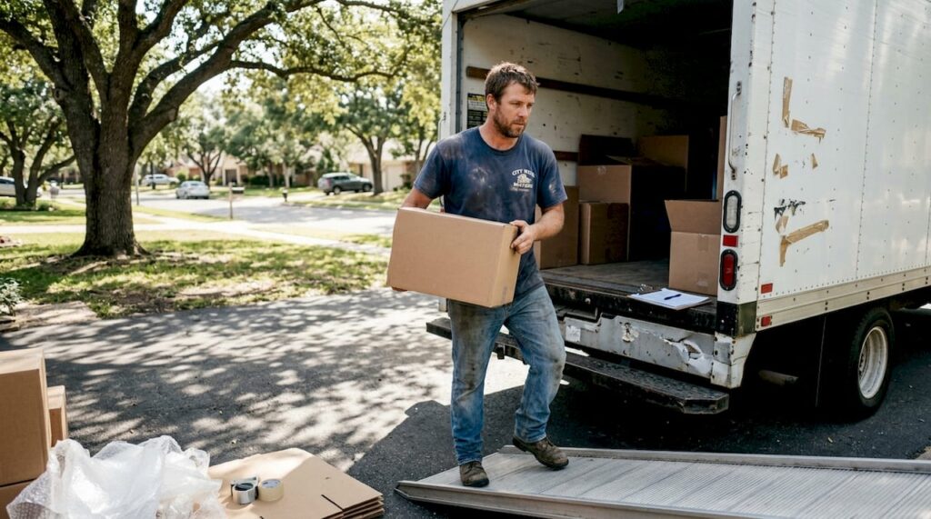 Mover loading truck outside suburban home