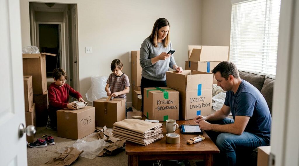 Family packing up living room for move