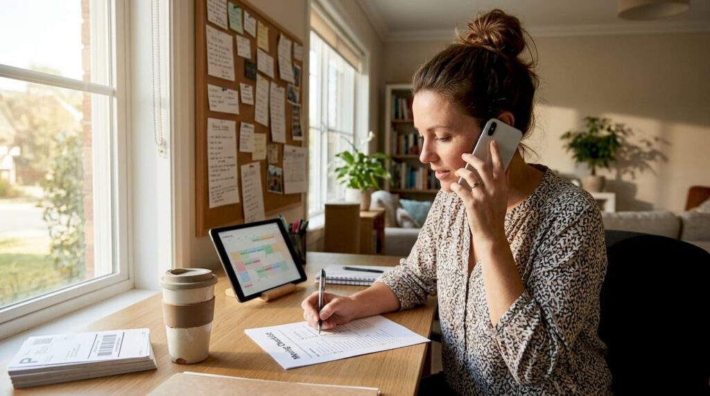 Relocation consultant reviewing move checklist at desk