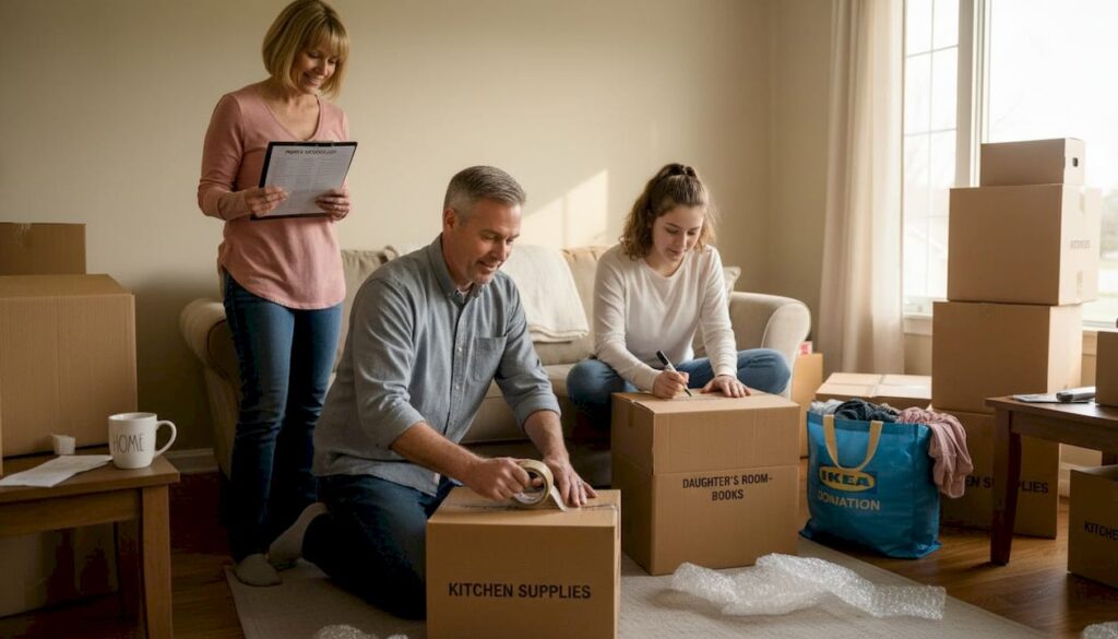 Family organizing and labeling moving boxes