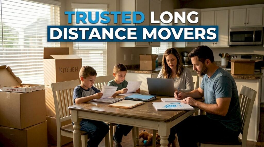 Family reviewing moving checklist at kitchen table