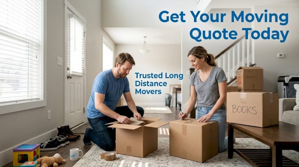 Family packing boxes in bright living room