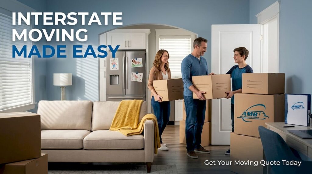 Family packing boxes in lived-in living room