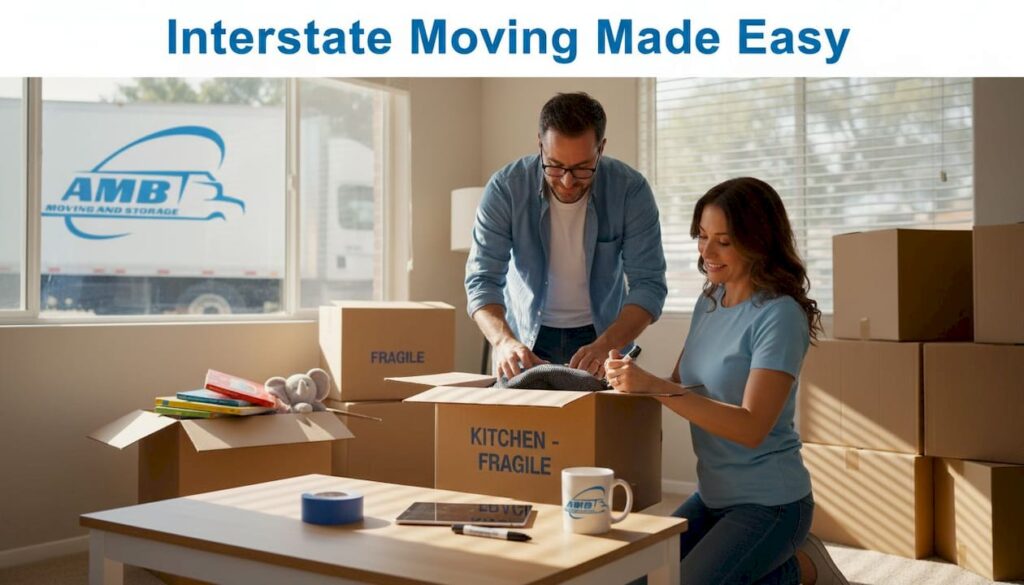 Family packing moving boxes in living room