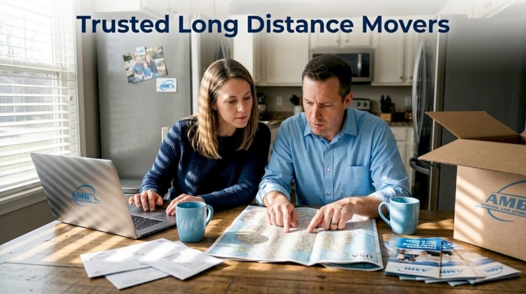 Couple reviewing relocation plans kitchen table