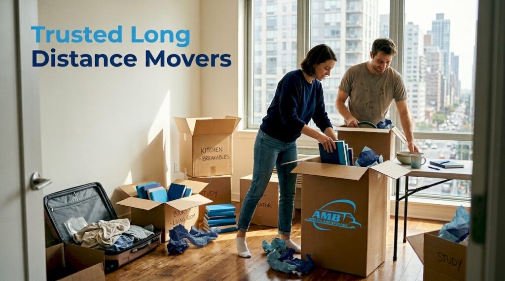 Couple unpacking in city apartment move