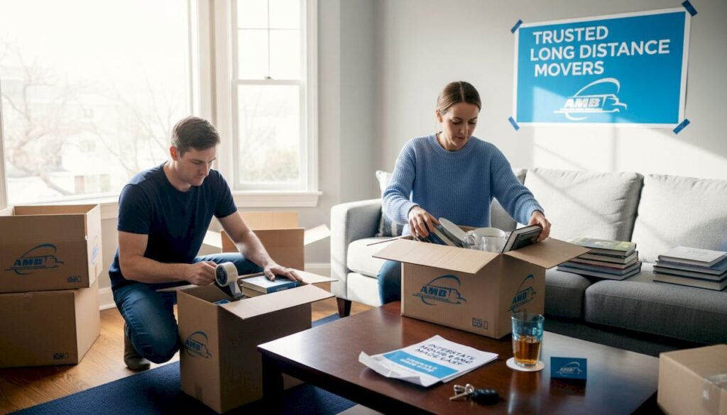 Family packing boxes in sunlit living room