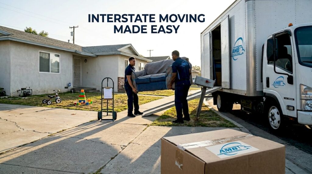 Movers loading sofa into truck outside home
