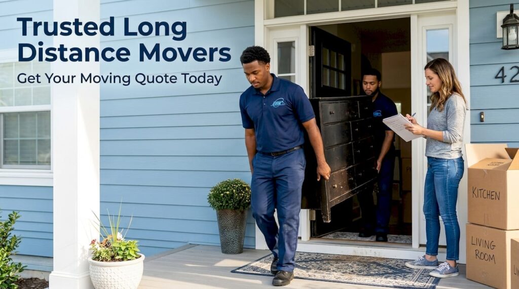 Movers carrying dresser through front door