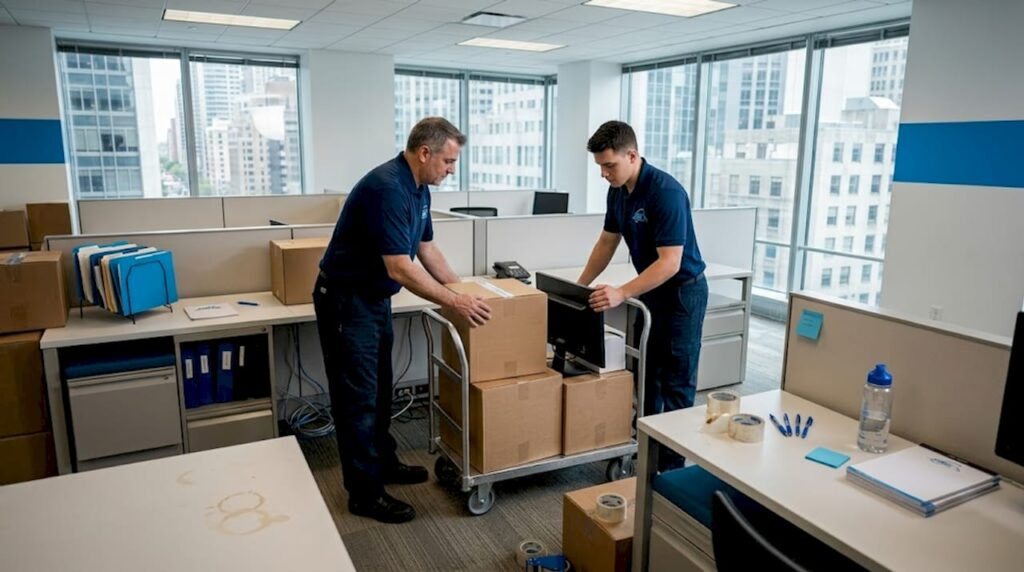 Movers loading boxes in busy office setting