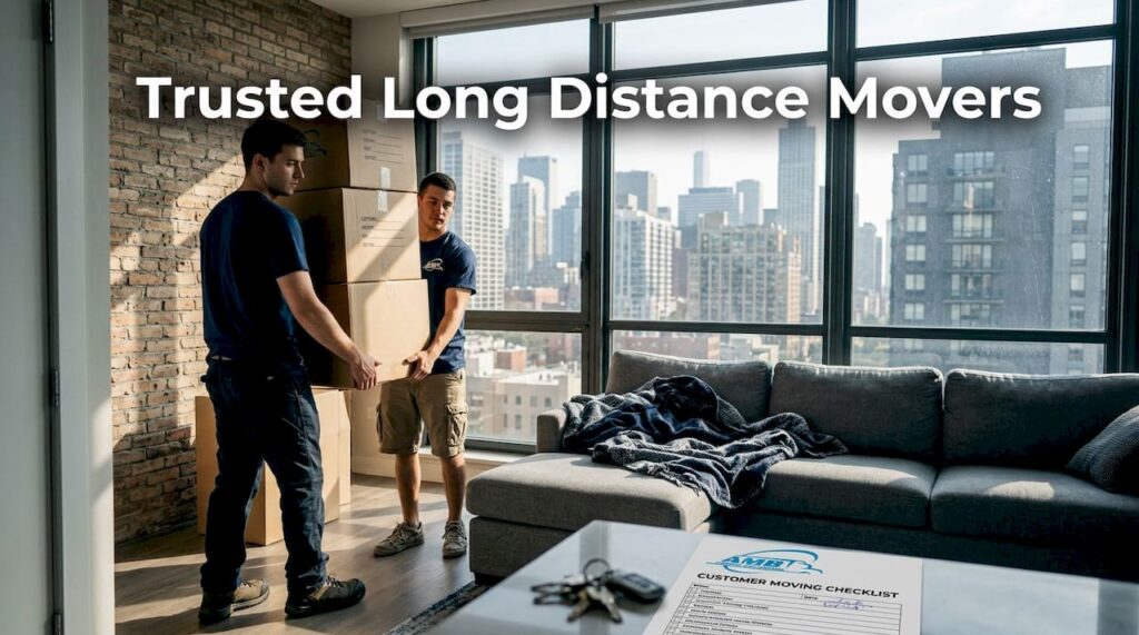 Movers carrying boxes in city apartment