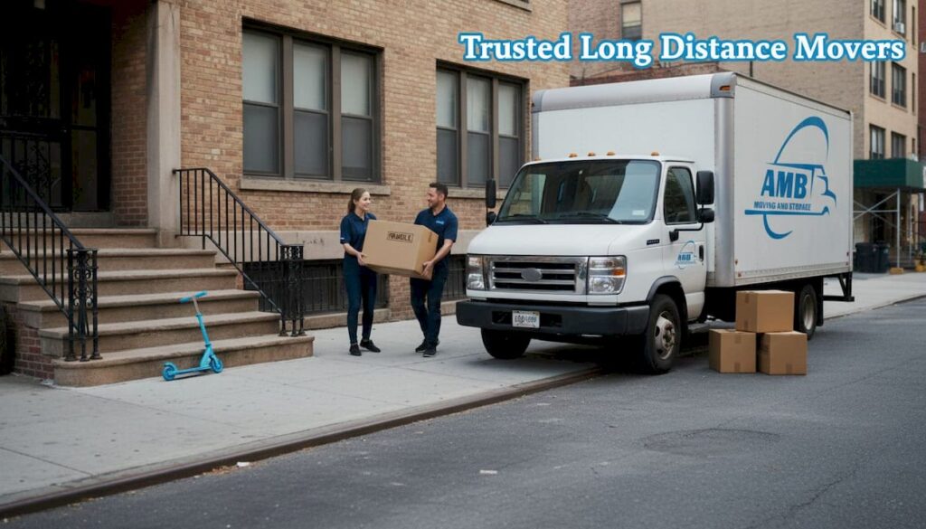 Two movers carry box to truck on weekend