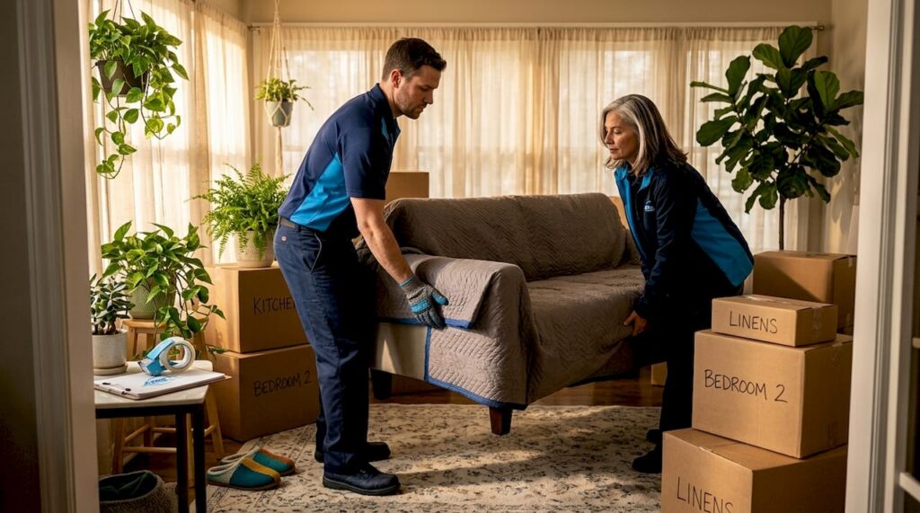 Moving crew carrying sofa and boxes in living room