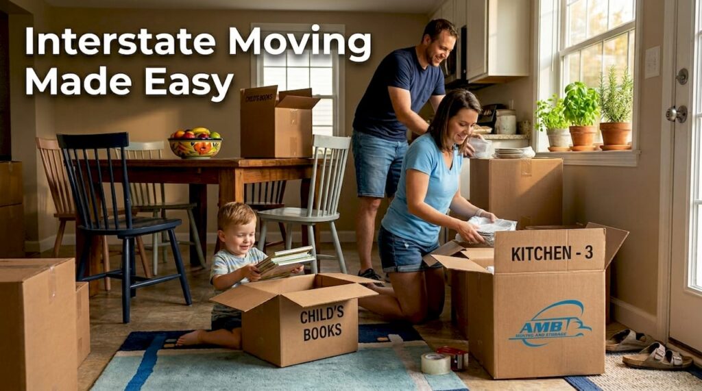 Family unpacking moving boxes at home