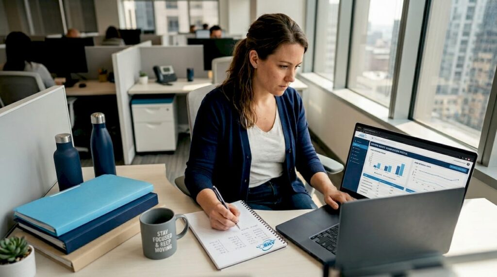 Coordinator comparing moving company quotes in office