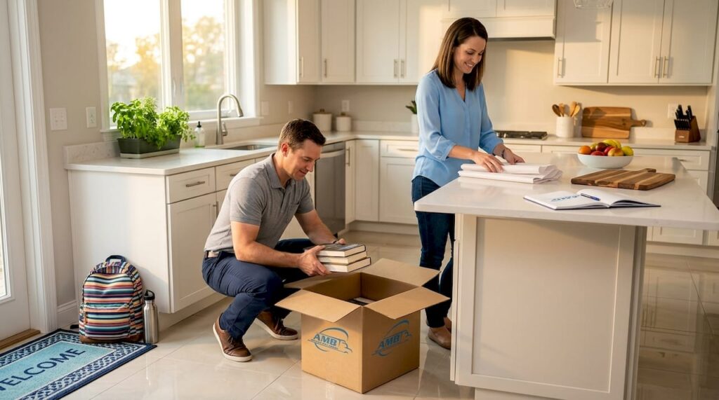 Family unpacks boxes in new sunlit home