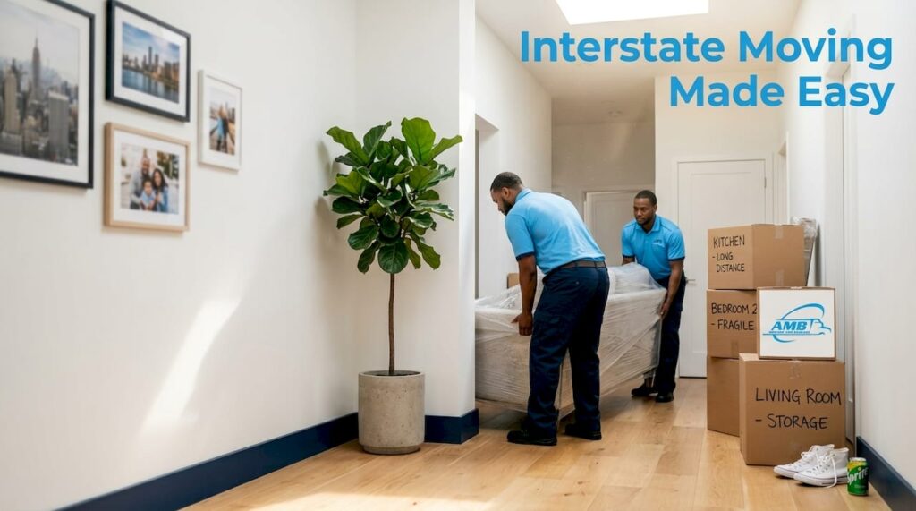 Professional movers carrying sofa in apartment hallway