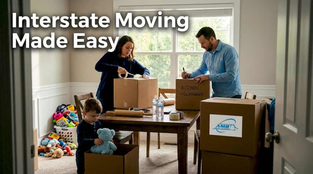Family packing moving boxes in living room