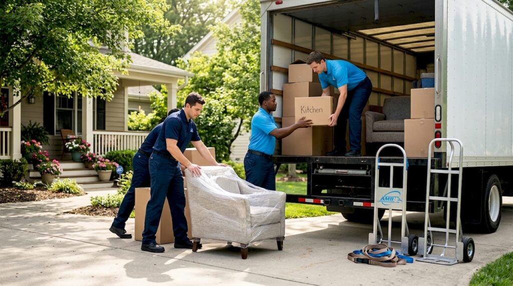 Movers loading boxes into moving truck in driveway