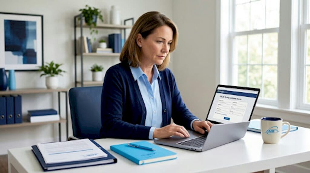 Person verifying moving company registration online