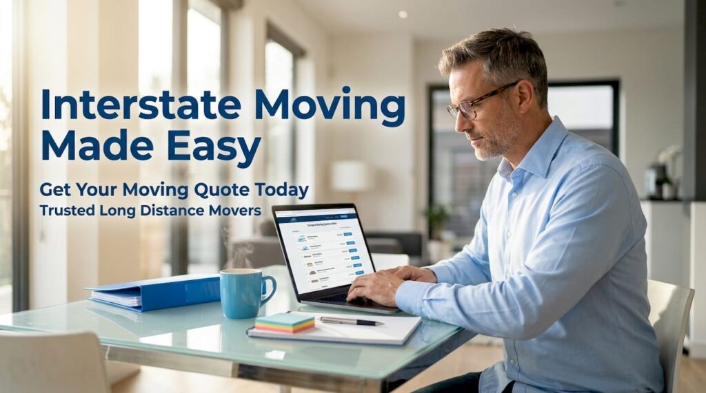 Person reviewing moving quotes on laptop in home office