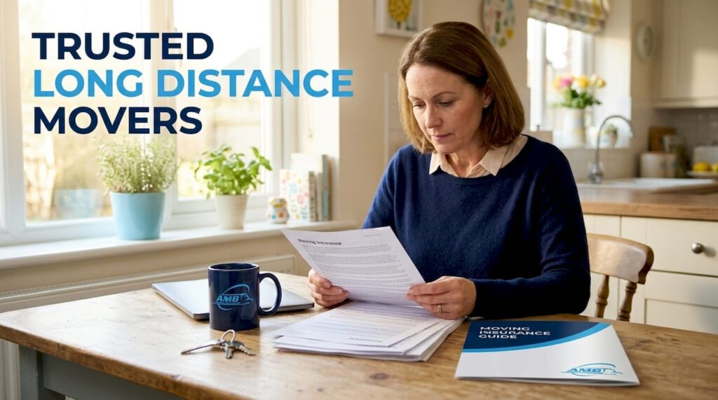 Person reviewing moving insurance paperwork indoors