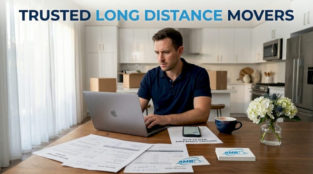 Man researching moving scams at home