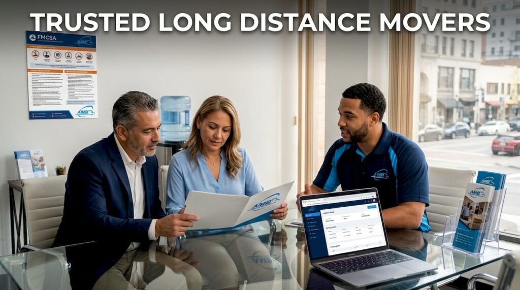 Couple discussing moving regulations with professional
