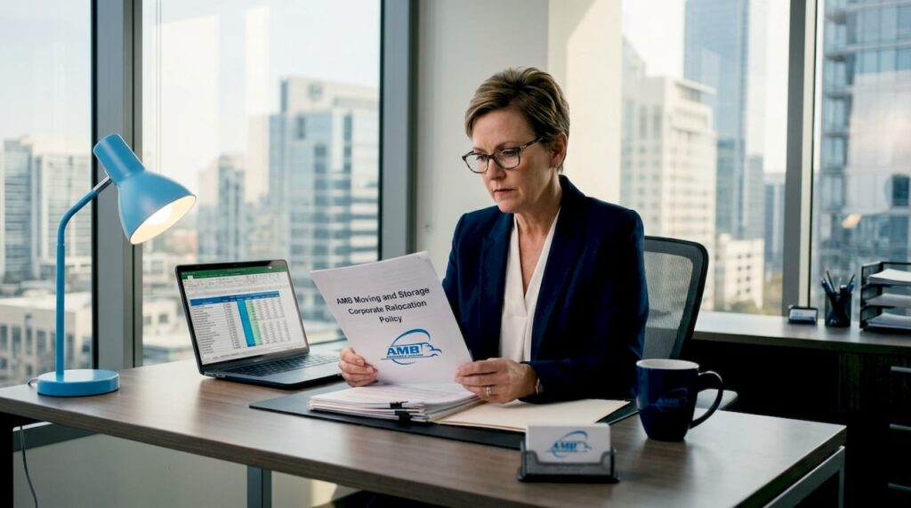 HR leader reviewing corporate relocation policy at desk