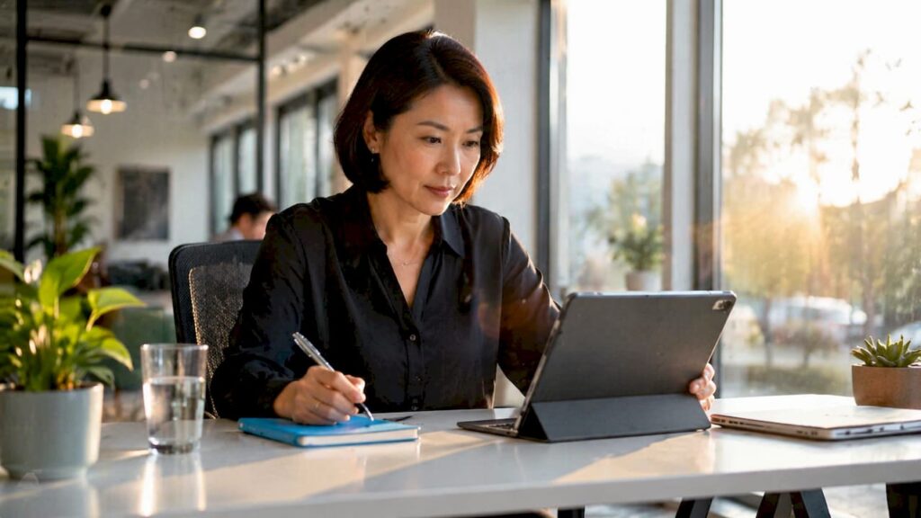Businesswoman reviewing relocation plans at office table