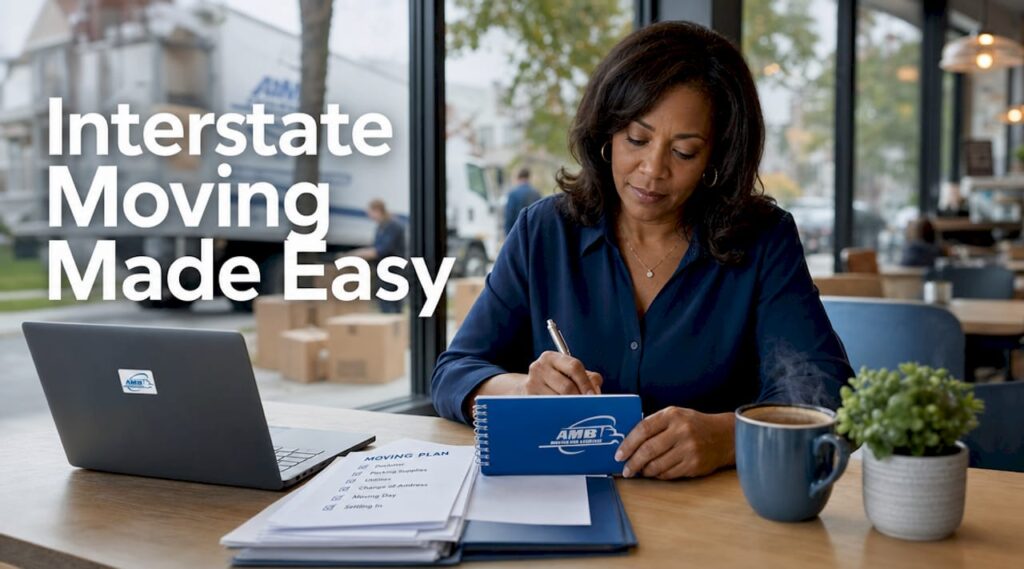 Woman planning interstate move at home