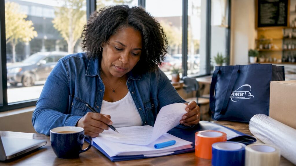 Woman reviewing moving documents at kitchen table