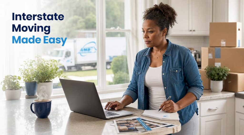 Woman planning move with documents and laptop