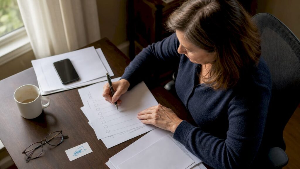 Woman reviewing movers licensing documents at home