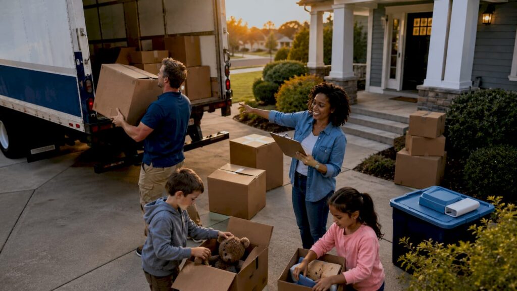 Family packing boxes by moving truck outdoors