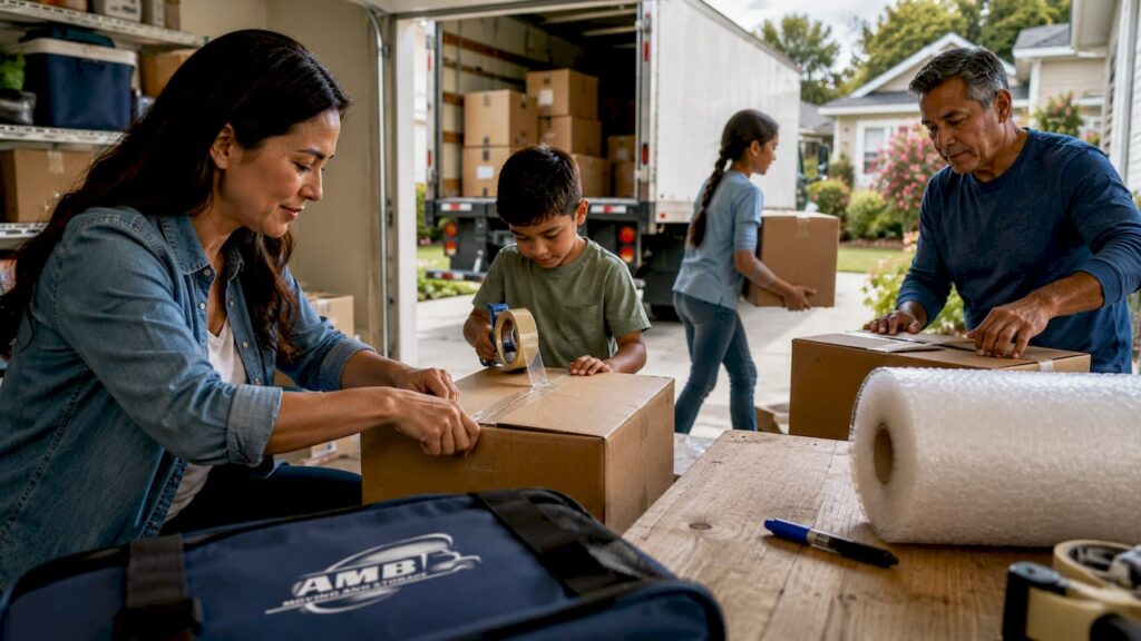 Family packing for interstate move on porch
